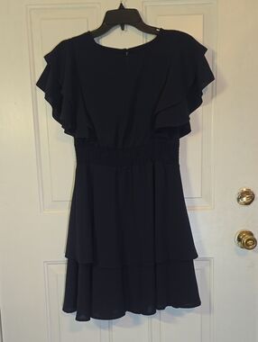 Tiered Flutter Sleeve Mini Dress in Navy